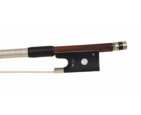 Silver mounted violin bow of the Peccatte School, unstamped, the stick round, the ebony frog inlaid with pearl eyes and the e