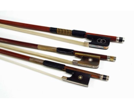 Three silver mounted viola bows all with pinned heads, by and stamped John W. Stagg (71gm), Herbert Wanka (71gm) and Roderich