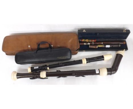 Old rosewood flute with two keys, unnamed, case; also a Yamaha plastic bass recorder, soft case and a Dolmetsch Nova plastic 