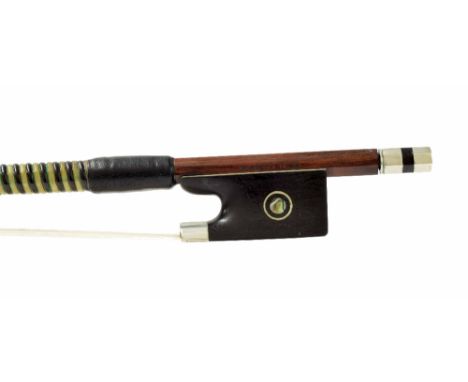 Interesting German nickel mounted violin bow by and stamped M. Winterline, the stick fluted, the ebony frog inlaid with nicke