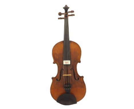 Late 19th century German violin branded Hopf below the button, 14 3/16", 36cm, bow, case
