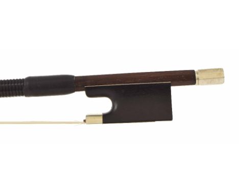 Silver mounted violin bow stamped E. Sartory á Paris, the stick round, the ebony frog plain and with a silver overlaid ebony 