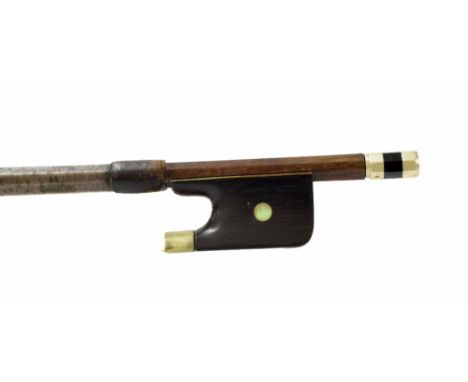 Nickel mounted violoncello bow stamped Voigt, the stick round, the ebony frog inlaid with pearl eyes and the ebony adjuster w