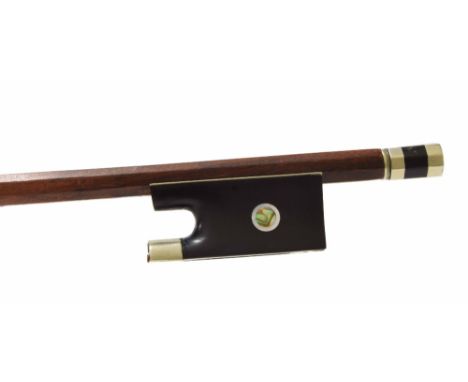 Interesting French nickel mounted violin bow of the Pajeot/Maire School, unstamped, the stick round, the ebony frog inlaid wi