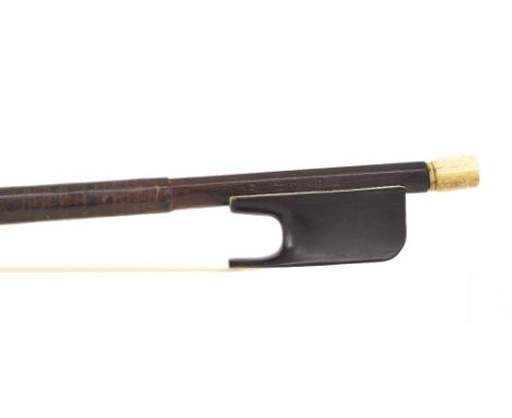 Violoncello bow attributed to H.R. Pfretzschner and stamped Techler, the stick round, the open ebony frog plain and with a bo