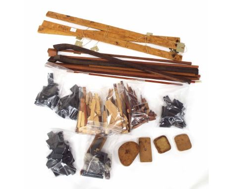 Quantity of ebony cut into frogs and other strips of wood for wedges etc; also three violin/viola/violoncello bow making gaug