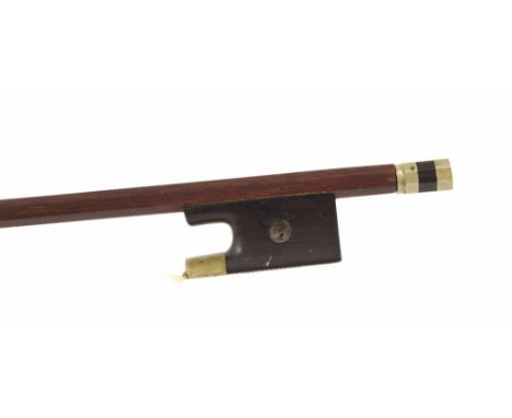 French nickel mounted viola bow of the Peccatte School, unstamped, the stick round, the ebony frog inlaid with pearl eyes (on