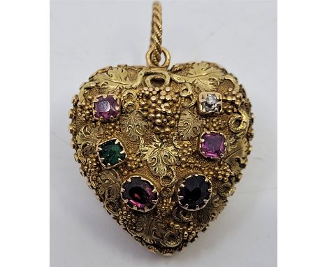 A Victorian precious yellow metal and gem stone set "Regard" heart mourning pendant, fashioned from yellow, rose and white me