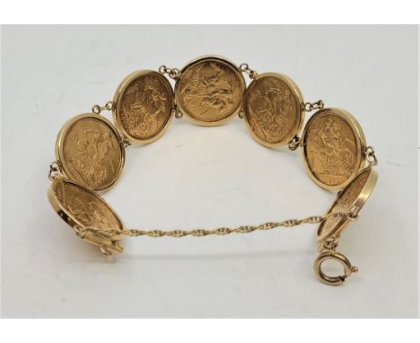 A Fine Victoria sovereign gold coin bracelet,&nbsp;formed from seven 9ct. yellow gold circular links, each mounted with a Vic