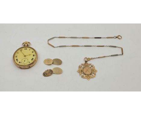 A 9ct. gold open-faced pocket watch, crown wind, having Roman numeral enamel dial with subsidiary Arabic numeral seconds dial