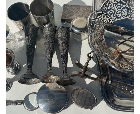 A collection of silver and plated items to incliude four silver Burmese spill vases 234g , two silver ring boxes , other whit