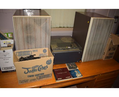 A Ferrograph Series 7 reel-to-reel tape recorder; a pair of large speakers; and a quantity of tapes; etc., in three boxes.