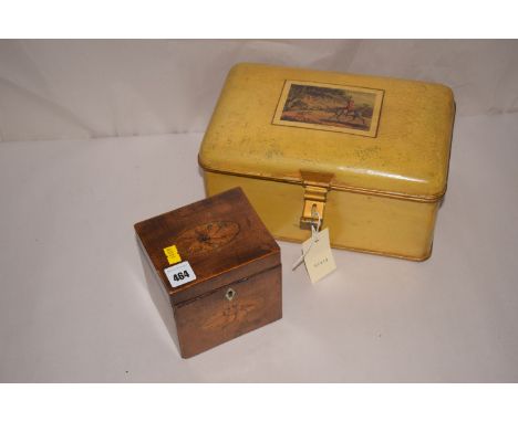 A 19th Century inlaid walnut small rectangular tea caddy, the hinged cover opening to reveal later ebonised interior; togethe