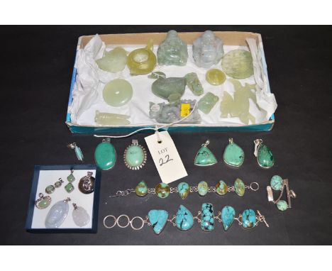 A large quantity of jade; jadeite; soapstone; bowenite; turquoise; other carvings and jewellery.