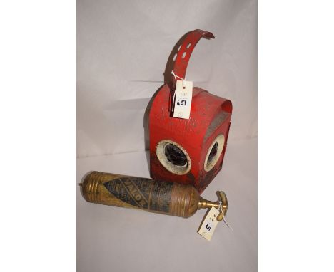 A small brass fire extinguisher by Valor, Type EW902R; together with a red painted Kenyons 'Minor' BS3143 1964 signalling lig