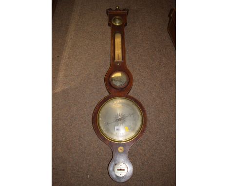 An antique mahogany banjo barometer and thermometer, Grassi & Rampoldi (in distressed condition).