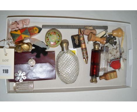 A box of collectables, to include: a cranberry glass double-ended scent bottle; a cut glass hobnail pattern scent bottle with