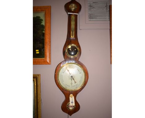 A 19th Century rosewood wheel barometer, restored condition, with white enamel dial, hygrometer and thermometer above with mi