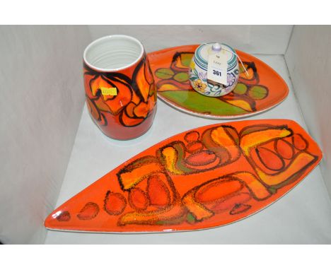 Poole pottery comprising: a spear shaped dish shape-82; a delpis pattern plate No. 91; a delphis pattern pattern vase No. 83;