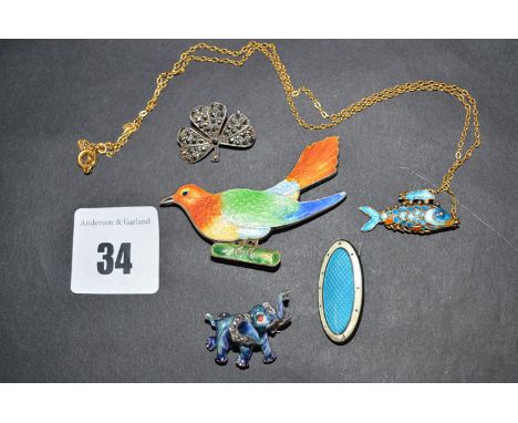 Enamel and marcasite set jewellery, including: a bird pattern brooch; a clover pattern brooch; an articulated fish pendant; e