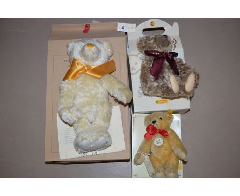 A British Collectors 2000 Teddy Bear, made by Steiff; together with two other Steiff bears, one called 'The Million Hugs Bear