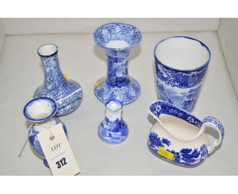 Six blue and white ceramic ornaments, including: three vases; two jugs; and a beaker.
