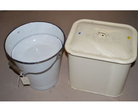 A cream coloured enamel bread bin; together with an enamel bucket; and two dishes.