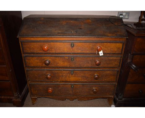A 19th Century scumble painted cabinet, the top with sloping hinged cover opening to reveal a storage space, three shallow dr