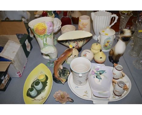A quantity of Sylvac Carltonware; and other ceramics, including: vases; bowls; Siamese cat; model of a leaping salmon; etc.