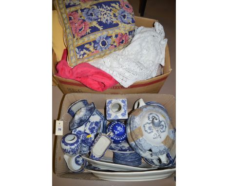 A quantity of blue and white ware, including: a cheese dish; ginger jar; plates; and a large Victorian two-handled tureen and