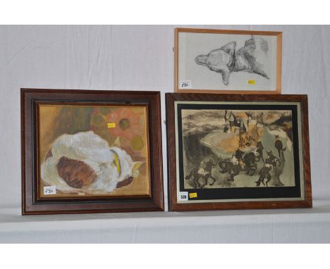 An oil painting, by Joan Atkinson - "Zoe" - a portrait of a dog; a pencil portrait of a dog called Dan; and a lithograph - "S