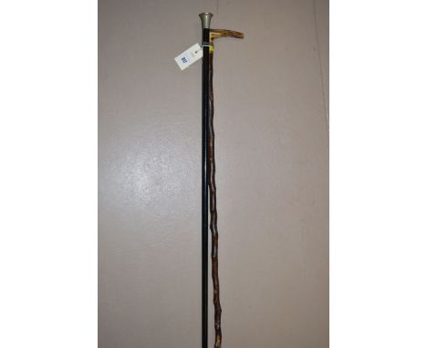A horn handle walking stick; and an ebony walking cane.