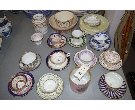 A quantity of decorative late 18th and 19th Century ceramics, including: specimen cups and saucers; a Pratt tankard; seven Du