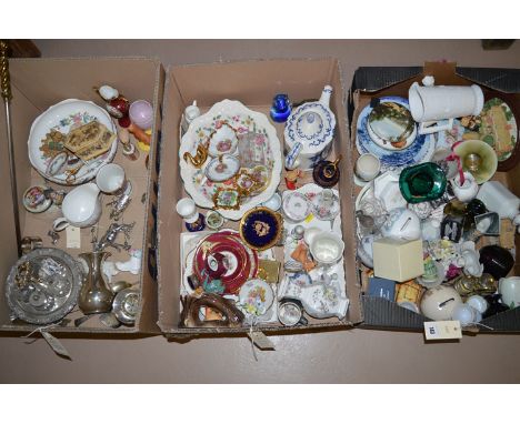 Three boxes of miscellaneous ceramics, to include: a Masons 'Willow' pattern teapot; a 'Bunnykins' money pot; a Hummel-style 