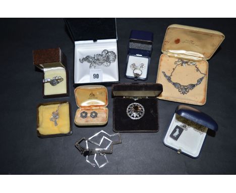 A quantity of silver set jewellery, one necklace set onyx; a brooch set smoky quartz; a ring set cubic zirconia; various marc