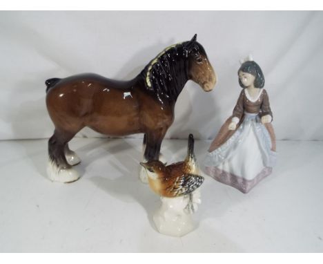 Lot to include a Beswick shire horse with yellow plaits in the mane, a Lladro figurine entitled Jolie # 5210 (lacking parasol