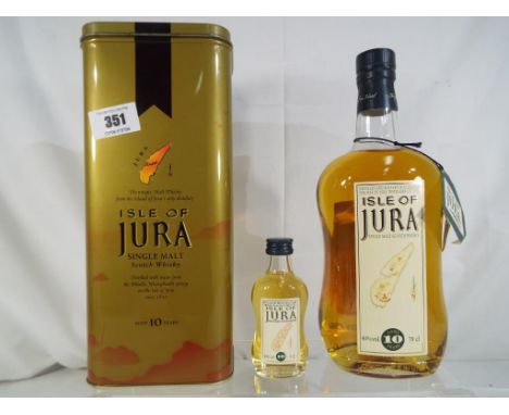 Isle of Jura single malt Scotch whisky aged 10 years, 70cl, 40 % vol,  with 5cl miniature in metal case with packing piece, l