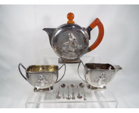 Narotamdas Bhau - 1930's Art Deco Indian style three piece tea pot, sugar bowl and creamer, all stamped 900, the teapot with 