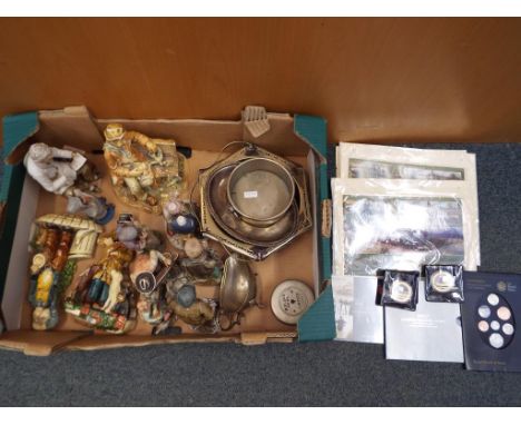 A mixed lot to include a quantity of plated ware, ceramic figurines, Nature Craft figurines, a small quantity of Classic Loco