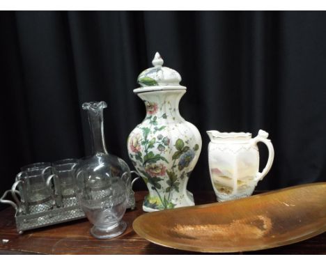 A good mixed lot to include a Victorian narrow necked glass vase, a lidded large ceramic vase with floral decoration and othe