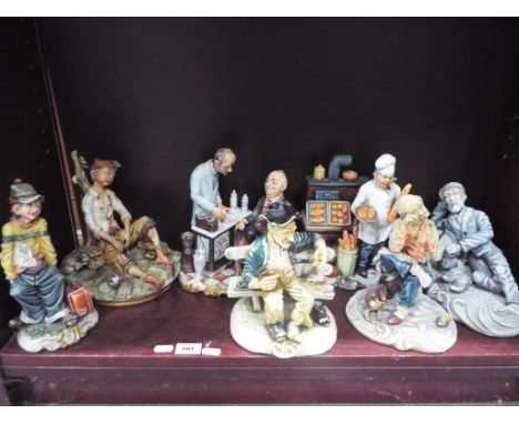Seven Capodimonte figurines to include Baker, Man Sewing, Tramp on Bench and similar. Estimate £40 - £70