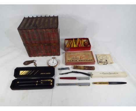 A vintage Huntley and Palmers biscuit tin in the form of books, a boxed Conway Stewart fountain pen no.69, a quantity of othe