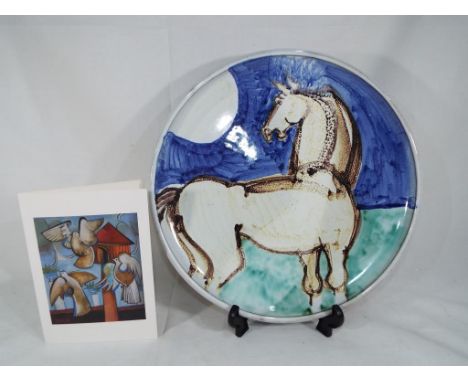 Geoffrey Key (b.1941 Manchester) - a rare hand painted Geoffrey Key ceramic charger / plaque with an equestrian theme bearing