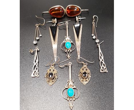 SIX PAIRS OF SILVER AND SILVER MOUNTED DROP EARRINGSincluding a pair of Art Deco style black agate set triangular earrings; a