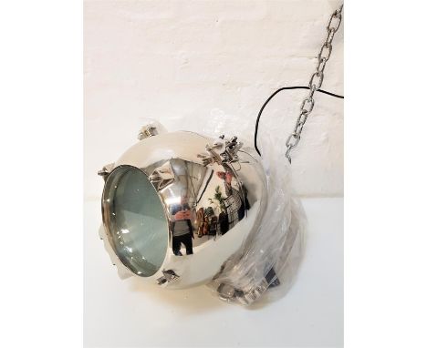 LIBRA INTERIORS ART DECO STYLE PENDANT LIGHTsimilar to a stage light with a chrome domed case and adjustable hanging bracket,