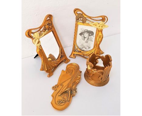 SELECTION OF ART NOUVEAU INSPIRED ITEMSall in resin, including a photograph frame ad matching mirror, with stylised frames, a
