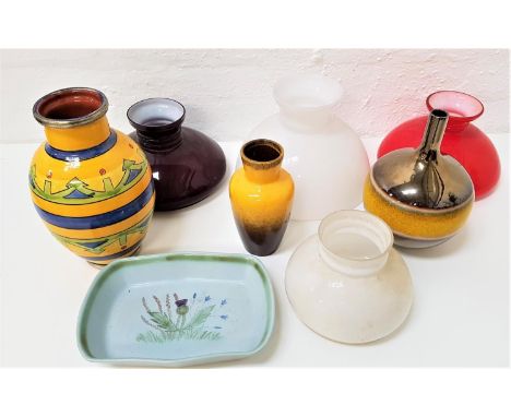 SELECTION OF CERAMICS AND GLASSincluding a West German pottery vase, 21cm high; Buchan stoneware shaped ovenproof dish decora