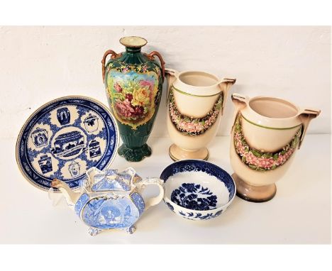 EDWARDIAN BLUE AND WHITE TEA POTwith gilt highlights, Allertons Willow pattern bowl, Masons The Decorative Caddy Collection p