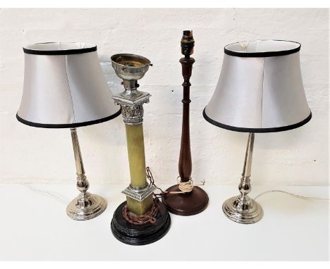 SELECTION OF TABLE LAMPScomprising an onyx column example, turned mahogany lamp, and pair of silvered column lamps with match