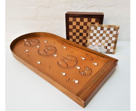 SELECTION OF GAMESincluding a Corinthan bagatelle board, a small marble chess board with metal figures, a wood chess board wi